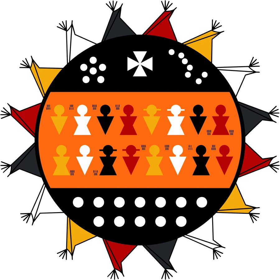 Circular artwork by Rudy Black Plume: rows of figures in yellow, white, black and red on an orange band, framed by black fields of white dots and a cross, ringed by painted lodges.